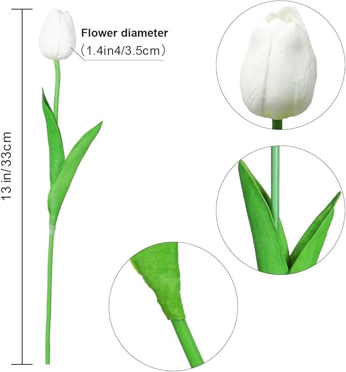 30 Pcs Fake Latex Tulips Artificial Flowers Faux Tulip Stems Real Touch Tulips for Wedding Party Home Easter Decoration (White)
