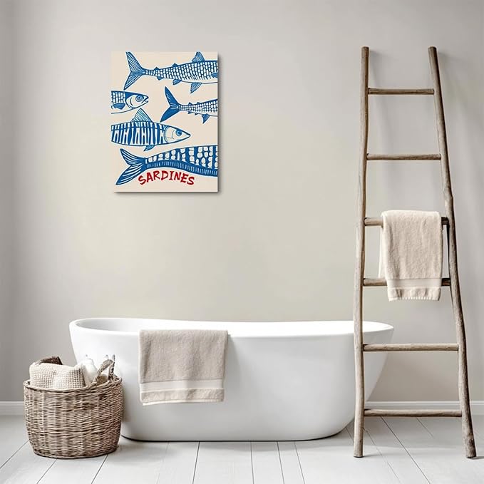 Vintage Fish Sardine Decor Beach House Wall Decor Canvas Wall Art Framed Art Prints Artwork Posters for Home Living Room Kitchen Dining Room Office Wall Decorations Paintings Pictures 11.5X14.5 Inch