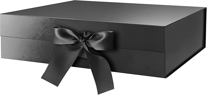 GREEN BEAN Large Gift Box with Lid for Present 13x9.7x3.4 Inches, Fathers Day Black Magnetic Luxury Gift Box with Ribbon, Groomsmen Proposal Box (Glossy Black)