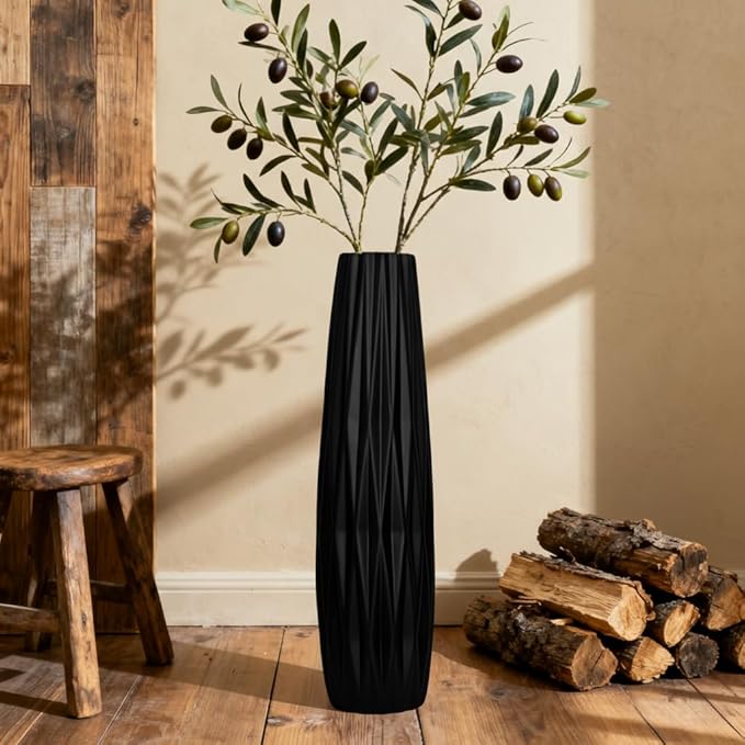 Tall Black Floor Vase – 28" Twisted Geometric Ceramic Vase for Modern Home, Living Room, Table Centerpiece or Corner Decoration