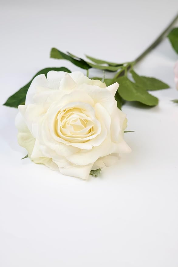 Real Touch Artificial Roses 6pcs, Floyd Roses,17.3”Faux Silk Roses Bouquet for Home Decor, Wedding Centerpieces, Romantic Gifts & Party Arrangements, Fuchsia Realistic Flowers (White)