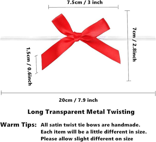 100 Pieces Red Bow Twist Ties for Bags, Satin Twist Tie Bows for Cake Pops, Twist Bows for Treats, Pre Tied Bows for Gifts Wrapping, Ribbon Bows, Pretied Bows Ties for Christmas Gift Wrap Bows
