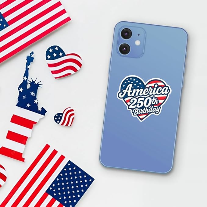 HANDICHI Design 5-Pack 5 Inch America 250th Birthday Stickers – Patriotic Heart-Shaped USA Flag Vinyl Decals – Waterproof 1776–2026 Independence Day Stickers for USA 250th Anniversary Celebration