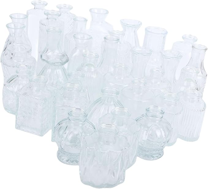 Glass Bud Vases, Set of 36 Thick Sturdy Crystal Clear Vases in Multiple Sizes and Shapes with Delicate Glossy Texture, for Wedding Home Decor Table Centerpieces Floral