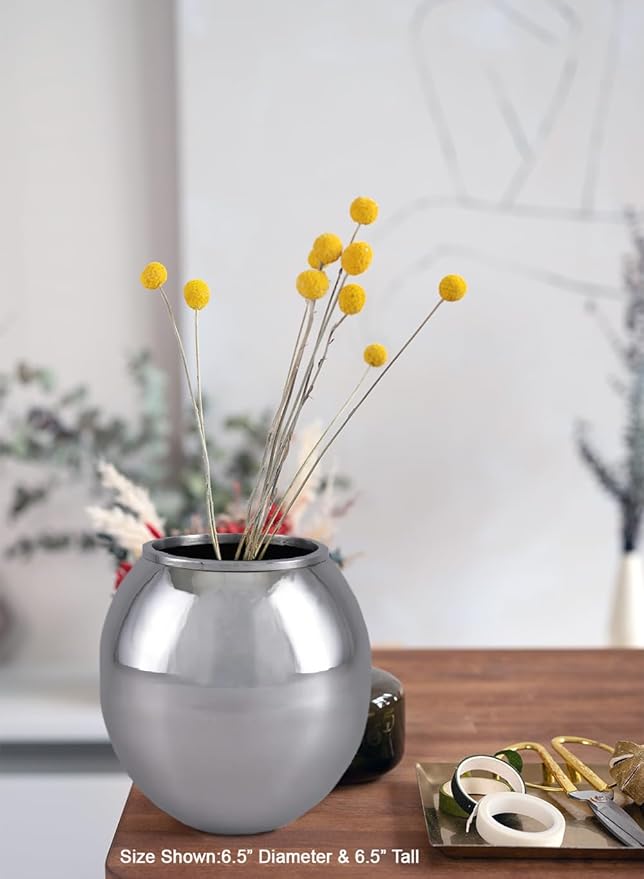 Serene Spaces Living Alerra Stainless Steel Vase, Round Modern Silver Flower Vase, Minimalist Metal Accent for Home, Office, Wedding, or Event Centerpieces, Ideal Gift, 6.5" Diameter & 6.5" Tall