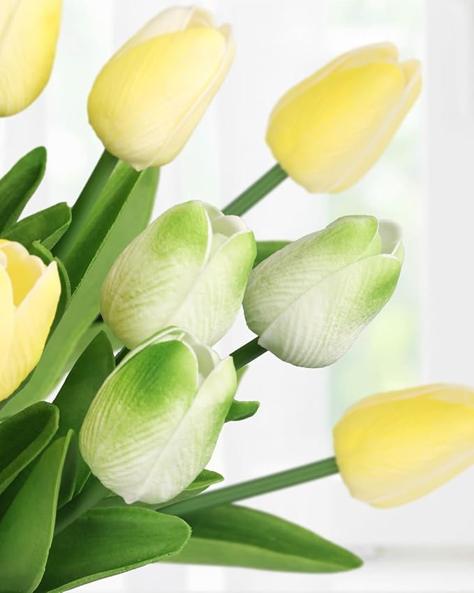 MACTING 30 PCS Artificial Tulip Flowers 13.7" Real Touch Fake Flowers Faux PU Tulips for Floral Arrangement Table Centerpieces Kitchen Home Indoor Outdoor Summer Decorations(Mix Green)