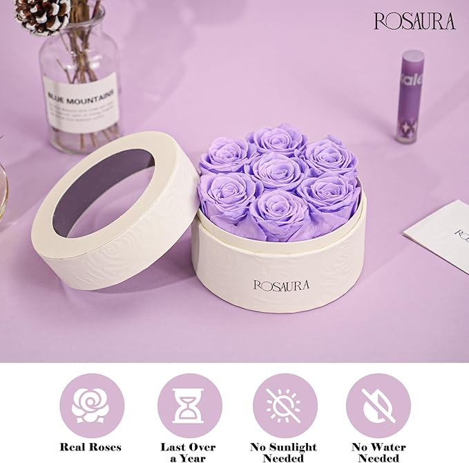 Rosaura Round Preserved Roses Gift Box - Real Forever Flowers for Birthday, Valentine's & Mother's Day (Light Purple, 7 Roses)