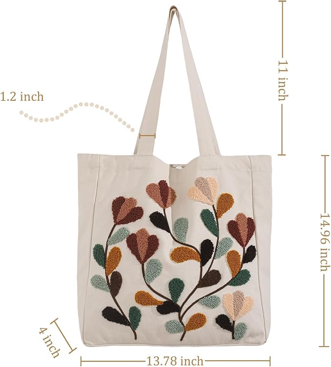Aesthetic Embroidery Tote Bag for Lady Cute Reusable Canvas Shoulder Bag for Girls Women Shopping Grocery