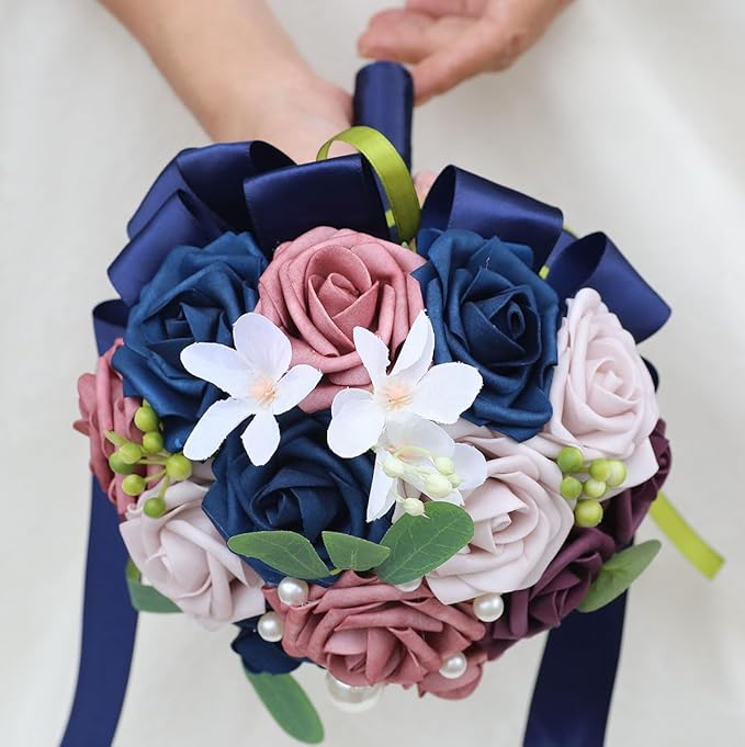 Lightweight Bridal Wedding Bouquet Round Holding Bouquet Throw Toss Artificial Rose Flower Bunch for Bride Bridesmaid Wedding Quinceanera (Navy, Smoky Rose, Light Taro & Dark Puce, 7.9")