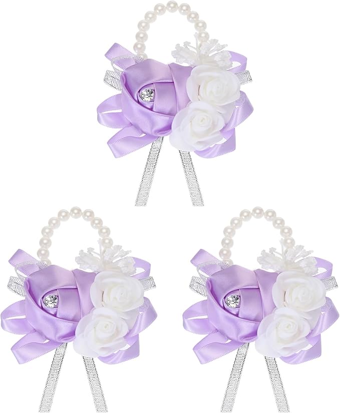 MECCANIXITY 3Pcs Wrist Corsage Artificial Flower Bracelets Rose Wrist Bride Groom Decorative for Wedding Ceremony Prom Party Anniversary Light Purple