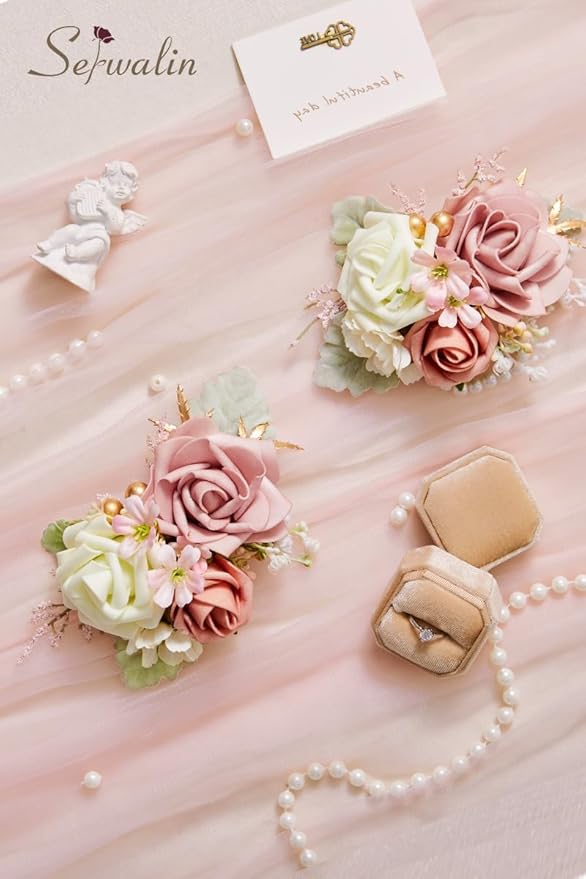 Serwalin Pink Corsage and Boutonniere Set 2 PCS, 6-7 Inch Boutonniere and Wrist Corsage Wristband Prom Flower Wedding Flowers Accessories Prom Suit Decorations Cake Topper