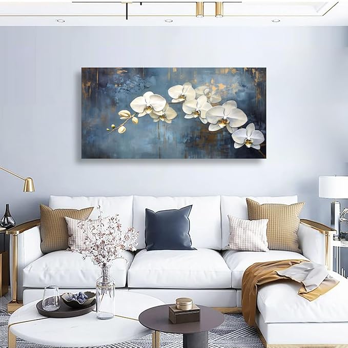 Abstract White Butterfly Orchid Canvas Wall Art for Living room Office Bedroom Flowers Wall Art Print Oil Paintings Modern Blue Gold Rain Mist Pictures Wall Decor Artwork Ready to Hang - 20in * 40inch