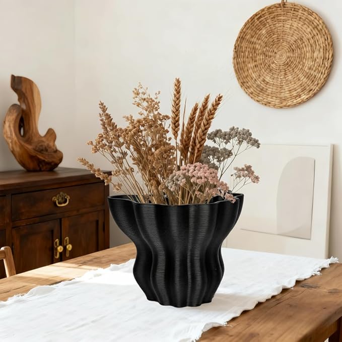 Contemporary Black Ceramic Vase, Abstract Irregular Shape Sculptural Accent for Home Decor, Modern Artistic Centerpiece for Coffee Table or Bookshelf