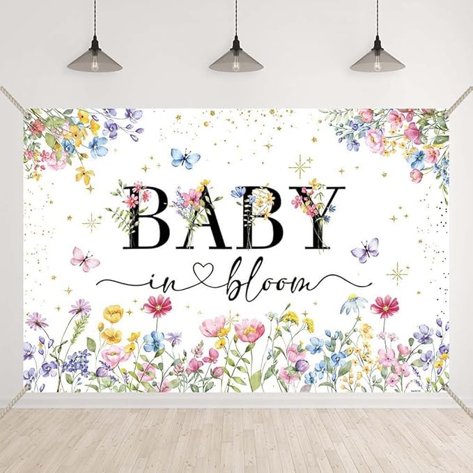 Boho Wildflower Baby Shower Backdrop Baby in Bloom Background Butterfly Flower A Little Wildflower is on The Way Decorations Girls Floral Baby Shower Banner with Copper Grommets