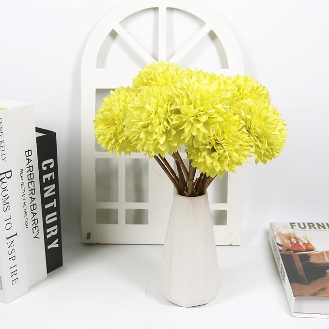Tinsow 12 Pcs Artificial Flowers Faux Ball Chrysanthemum Bouquet Flowers Bridal Wedding Bouquet for Home Garden Party Wedding Decoration (12, Lemon Yellow)