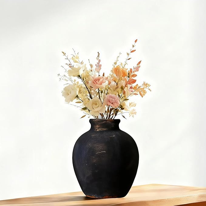 Ceramic Vase, 6 inch Minimalist Rustic Farmhouse Terracotta Vase for Home Decor, Table, Living Room, Entryway, Shelf, Mantel Decoration (Black)