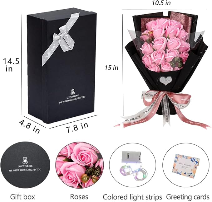EIGHTOWN Roses Bouquet Artificial Flower - Preserved Pink Rose Flowers with Love Necklace for Her - Unique Gifts Valentine's Day, Mother's Day, Thanksgiving, Birthday, Anniversary