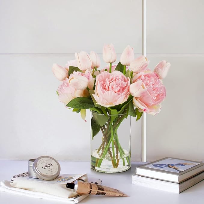 ENOVA FLORAL Artificial Flower Arrangement with Vase, Faux Flower in Vase, Mixed Artificial Real Touch Tulip and Fake Silk Peony Flower in Vase for Decoration Home Office Centerpiece (Pink)