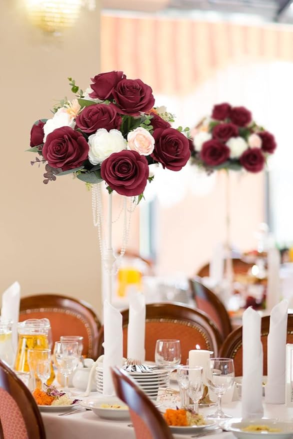 12pcs Roses Artificial Flowers Fake Flowers with Long Stems Burgundy Silk Flowers for Wedding Bouquet Centerpices Decorations Party Bridal Baby Shower Home Decor