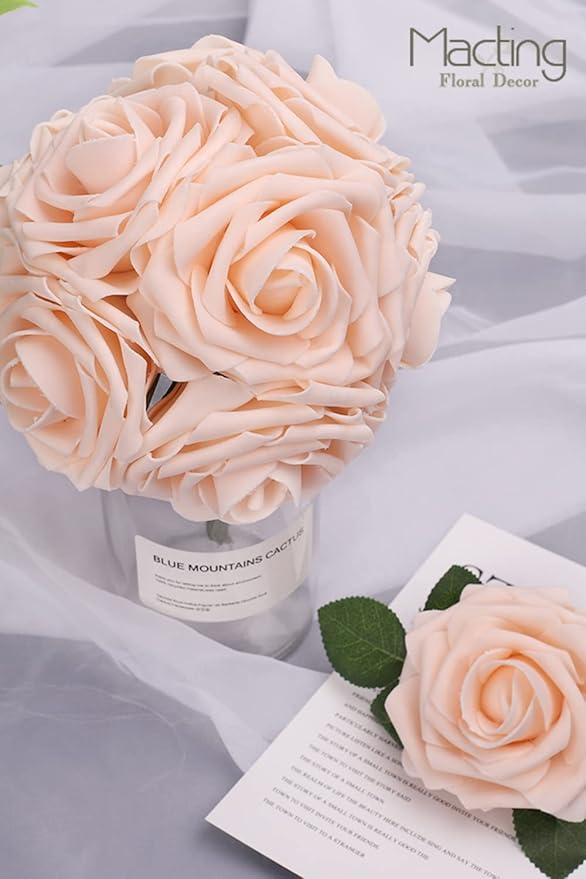 MACTING Artificial Flower Roses 30PCS Real Touch Fake Flowers with Stem Foam Roses for DIY Wedding Bouquet Table Centerpieces Party Baby Shower Valentines Day Gifts Spring Decorations,Champagne