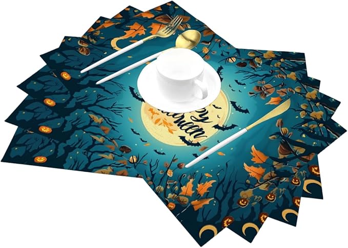 PVC Placemats Set of 1 Wipeable Table Mats Washable Heat Resistant Non Slip Vinyl Dining Table Mat for Kitchen Indoor Outdoor Patio Farmhouse Place Mats Halloween Bat Maple Decorative