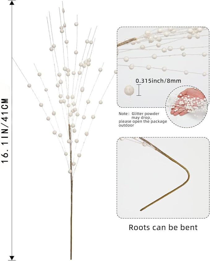 Christmas Artificial Glitter Holly Berry Stem,12Pcs Fake Christmas White Berries Branches Twigs 16 in Holly Berries Stem Picks for Christmas Tree Floral Arrangements Vase Home Decor