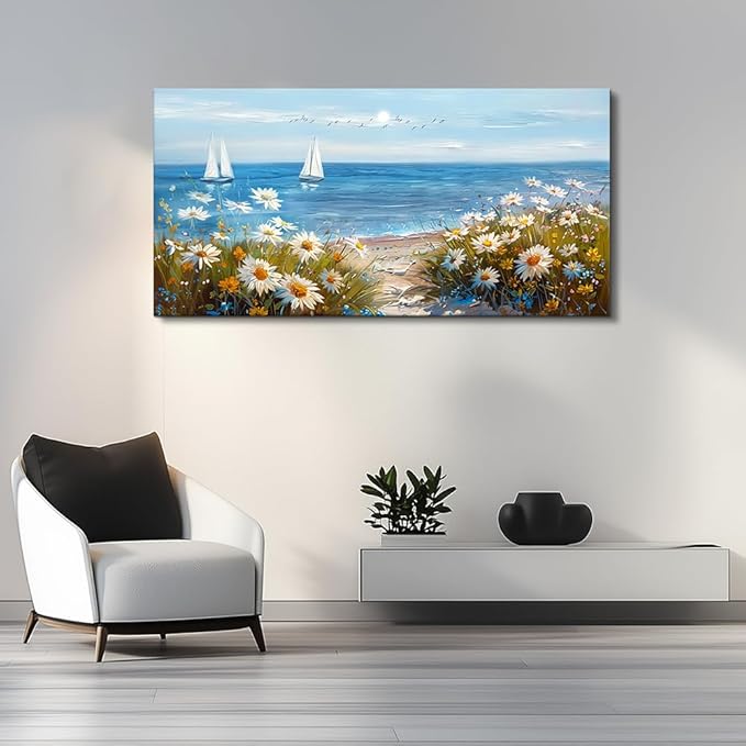 PHAOHUAXM Home Decor Printing Canvas Picture Blue Ocean Landscape Painting Wall Art For Living Room Farmhouse Dinin Mural White Flowers Bedroom Office Wall Decoration Artwork Easy To Hang 20x40 In