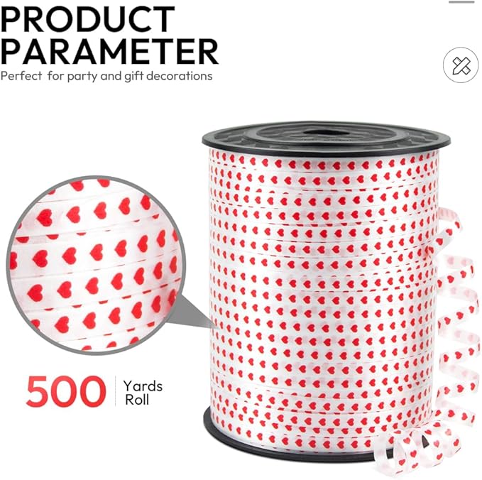 500 Yards Valentines Curling Ribbon with Spool, 1/5" Curly Ribbons - Perfect for Gift Wrapping, Florist Flowers, Birthday Party Decorations, and Balloon String Ribbon in Heart