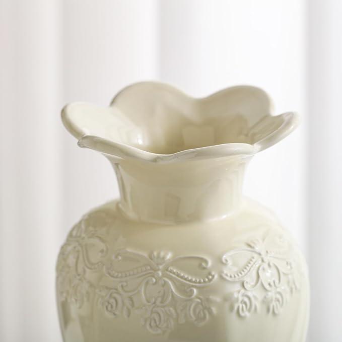 Relievo Elegant White Cream 8in 11in Ceramic Flower Tall Aesthetic Beige Table Tulip Wide Mouth Rose Filler Decorative Rustic Vase Decor for Home (White Vase, M)