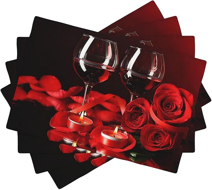 Red Rose Wine Linen Table Placemats Set of 4 Retro Romantic Placemat Indoor Outdoor Party Home Desktop Kitchen Dining Room Decoration 12x18 Inch
