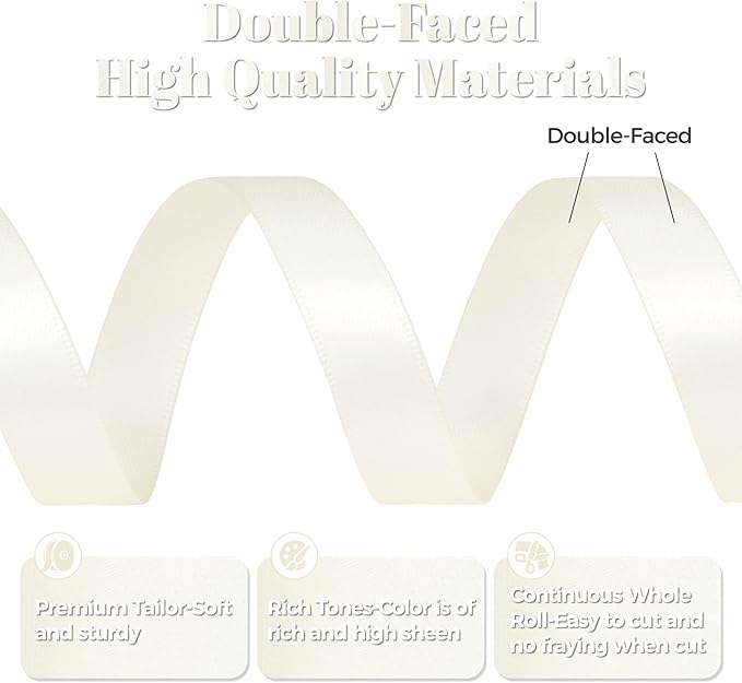 Ivory Satin Ribbon, Double Faced 1/2 Inch X 25 Yards, Premium Satin Ribbon for Gift Wrapping, Crafts, Hair Bow Making, Sewing, Flower Bouquet, Wedding Party Decor
