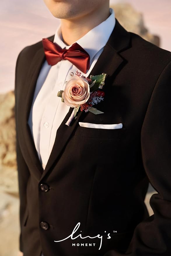 Ling's moment Boutonniere for Men, 6pcs Groom Groomsmen Boutonniere, Artificial Flowers for Wedding Decor/Prom/Homecoming, etc.Cinnamon Rose Pink