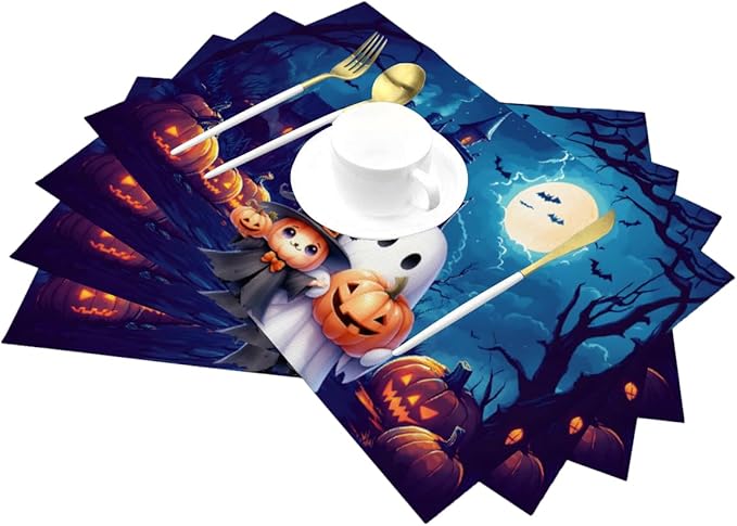 PVC Placemats Set of 4 Wipeable Table Mats Washable Heat Resistant Non Slip Vinyl Dining Table Mat for Kitchen Indoor Outdoor Patio Farmhouse Place Mats Halloween Castle Pumpkin Ghosts Decorative