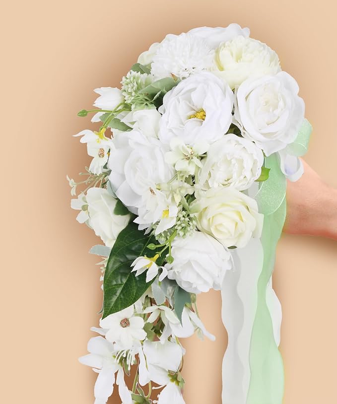 White Wedding Bouquets for Bride,10 Inch Fake Cascading Bridal Bouquet Silk Faux Flowers for Ceremony Anniversary Wedding Bridal Shower(White & Ivory)