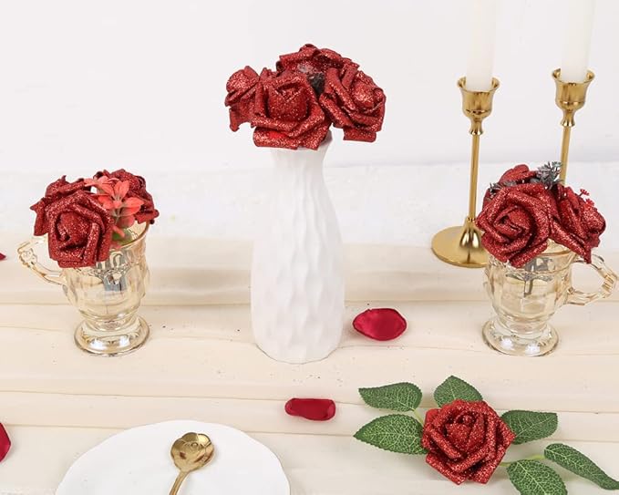 IPOPU Red Roses Artificial Flowers, 25pcs Foam Glitter Roses Fake Roses with Stem for DIY Wedding Bridal Bouquet Home Party Decoration(Red)