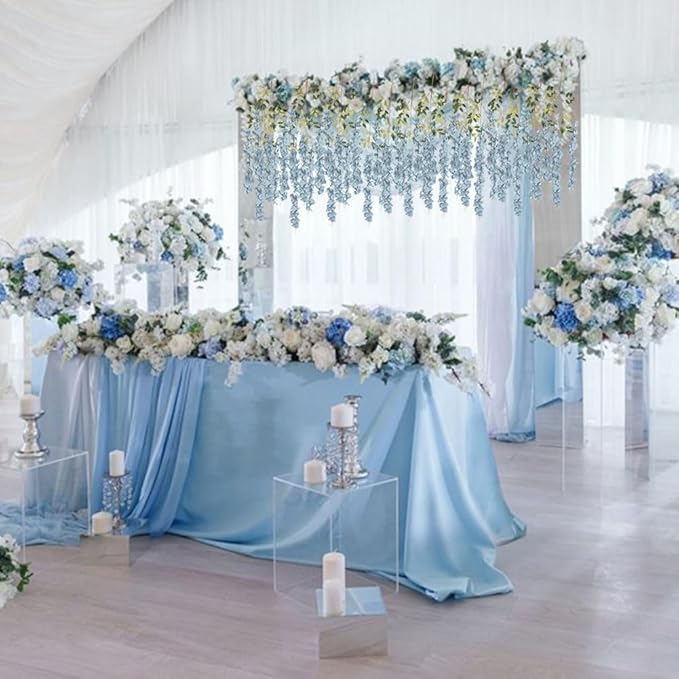 12PCS 3.6Ft Artificial Wisteria Hanging Flowers Dusty Blue Fake Hanging Flowers Garland Silk Flowers Rattan String Faux Wisteria Vine for Garden Home Wedding Arch Decorations (Dusty Blue)