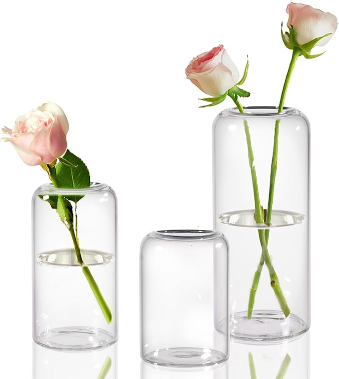 ZENS Bud Vases Set of 3, Modern Small Glass Vases for Flower Clear Bud Vases for Wedding Centerpiece, Blown Thicker Glass Small Vase for Flowers, Wedding Party Events Home Bathroom Decor