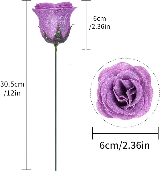 30PCS Purple Glitter Roses Artificial Flowers Fake Roses with Stems for Wedding Bouquet Party Christmas Home Decor(Purple)