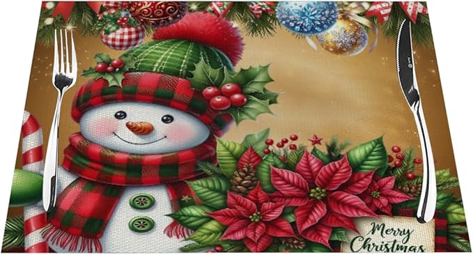 PVC Placemats Set of 6 Wipeable Table Mats Washable Heat Resistant Non Slip Vinyl Dining Table Mat for Kitchen Indoor Outdoor Patio Farmhouse Place Mats Christmas Ball Poinsettia Snowman Decorative