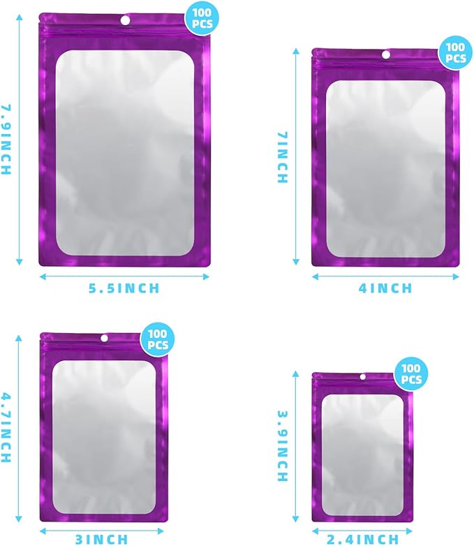 400 Pack 4 Size Bags with Clear Window,Scratch Resistant Hand Holographic Packaging Pouch,Resealable Bag for Small Bussiness Cookies Jewelry Candy Sample (Purple, 2.4×3.9,3x4.7,4×7,5.5×7.9 inch)