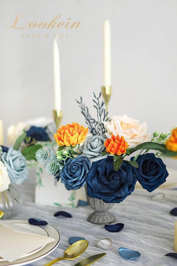 Lookein Artificial Flowers for DIY Wedding Decoration Bridal Bouquet Table Centerpieces Flower Garland Wreaths Aisle Arch Flower Decoration Home Decor, Delicate Navy Blue