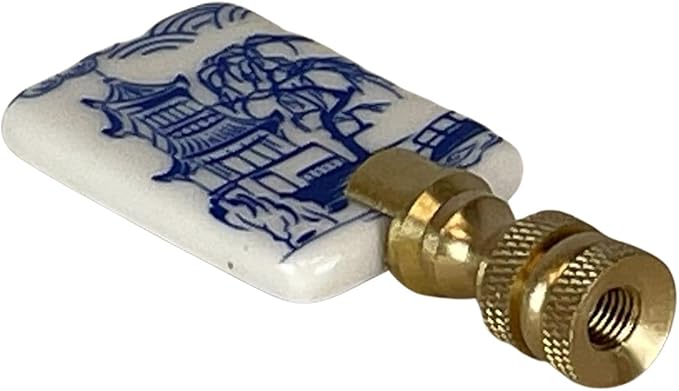 Royal Designs, Inc. Blue & White Porcelain Chinese Garden Design Finial for Lamp Shade, Polished Brass