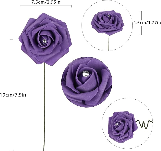 INSUNSX Purple Roses Artificial Flowers with Crystal 50PCS Purple Artificial Roses with Stems Realistic Flowers for Bridal Shower Centerpieces Wedding Bouquet Table Decorations