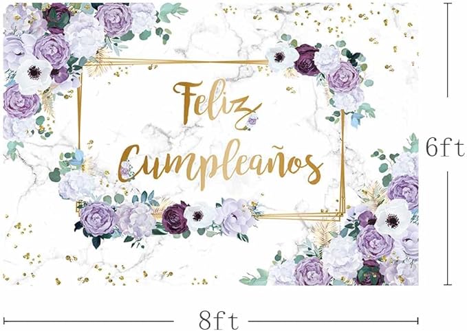 MEHOFOND 8x6ft Feliz cumpleaños Backdrop Purple and White Flower Birthday Photography Background Girls Geometric Gold Glitter Dots Birthday Floral Party Decorations Cake Smash Decor Studio Photo Props
