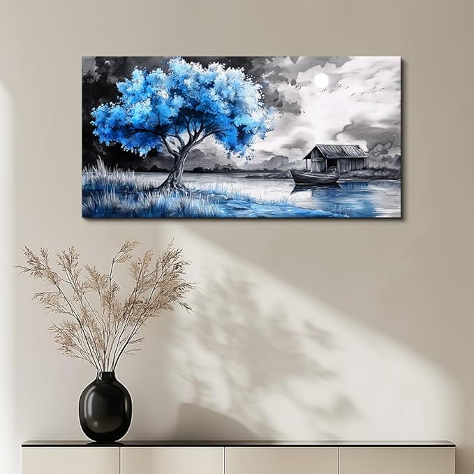 PHAOHUAXM large Wall Art For Living Room Bedroom Wall Decor Black White Scenery And Blue Trees Wall Painting Modern Home Decoration For Room Office Restaurant Canvas Art Prints Home Decor 20x40 In