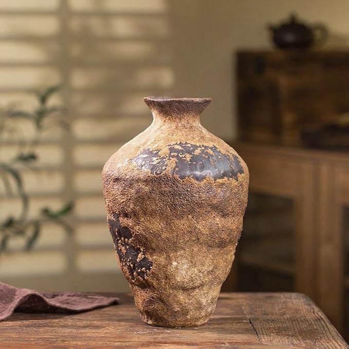 Vintage Rustic Ceramic Vase, 9.8" Tall Textured Pottery Flower Vase for Home Decor, Handmade Terracotta Wabi Sabi Decorative Vase for Living Room, Bedroom, Bathroom Centerpiece