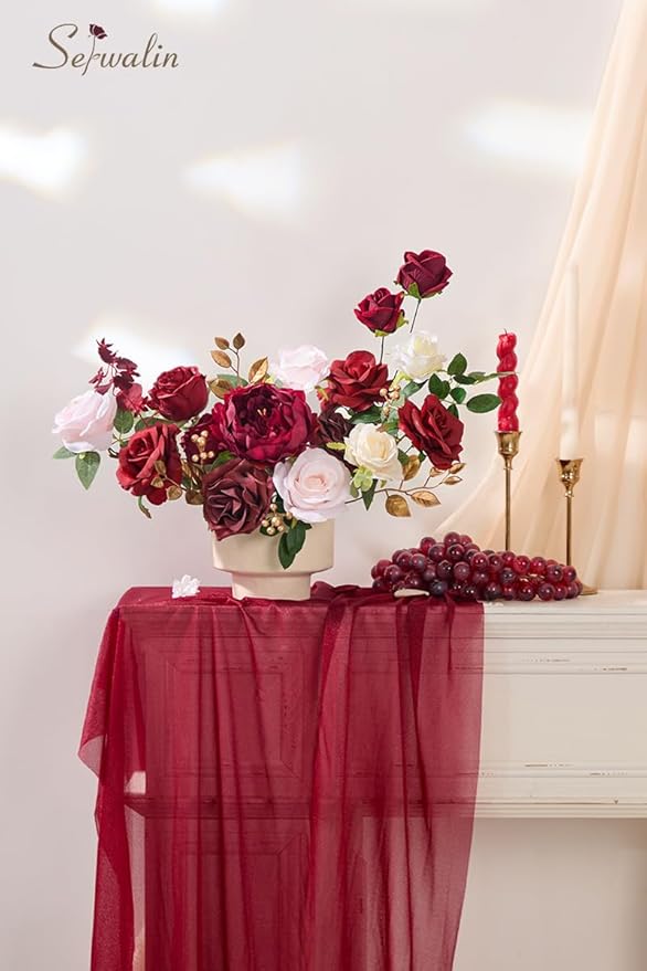 Serwalin Artificial Flowers Silk Fake Flowers Roses for DIY Wedding Bouquets Centerpieces Arrangements Party Bridal Baby Shower Home Decorations Cake Flowers (Burgundy & Pink)