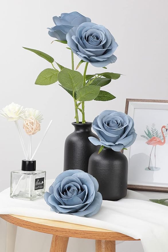 30pcs Roses Artificial Flowers Dusty Blue Silk Roses with Long Stems Fake Flowers for Wedding Bouquet Centerpices Decorations Party Bridal Baby Shower Home Decor