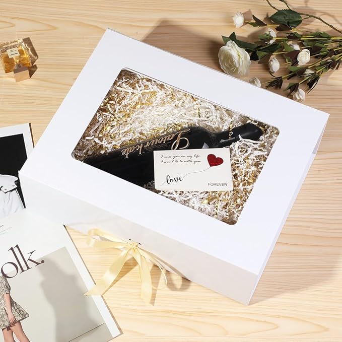 3 Pcs White Extra Large Gift Box for Presents with Ribbon 16.5x13x5.3 Inches Clear Gift Box with Window Magnetic Closure Gift Boxes with Lids
