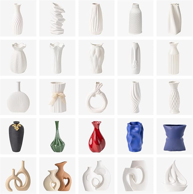 White Ceramic Vase with Lace Bow & Ribbed Texture - 7.7" Unique Flower Vase for Pampas Grass & Centerpieces, Farmhouse/Boho Decorative Vase for Living Room, Office Desk & Gift for Her/Yourself
